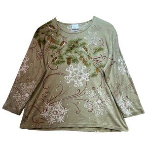 Morning Sun Womens Rhinestones Top Long Sleeve Size XL Beige Snowflake Chickadee